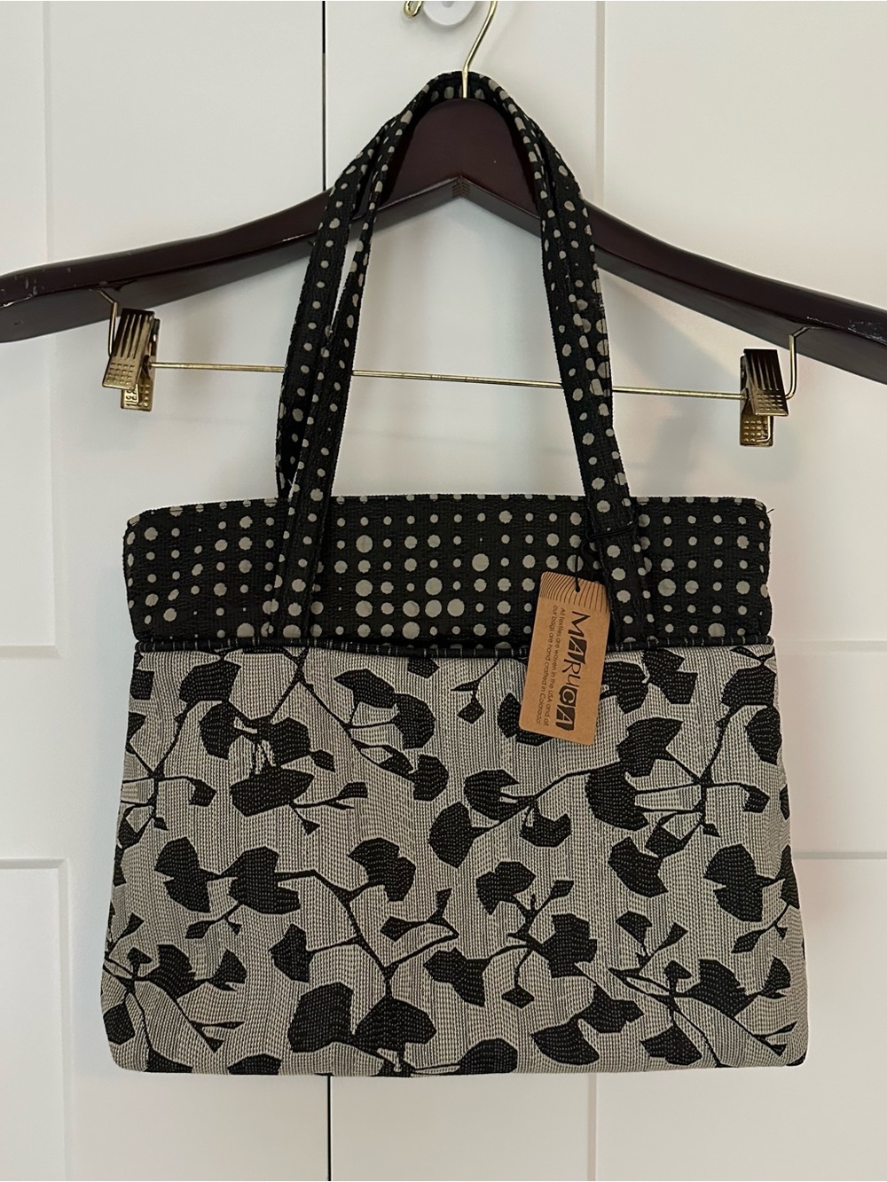 MARUCA Handmade Moon Shadow Pattern Black and Cream Floral Tote Bag NWT